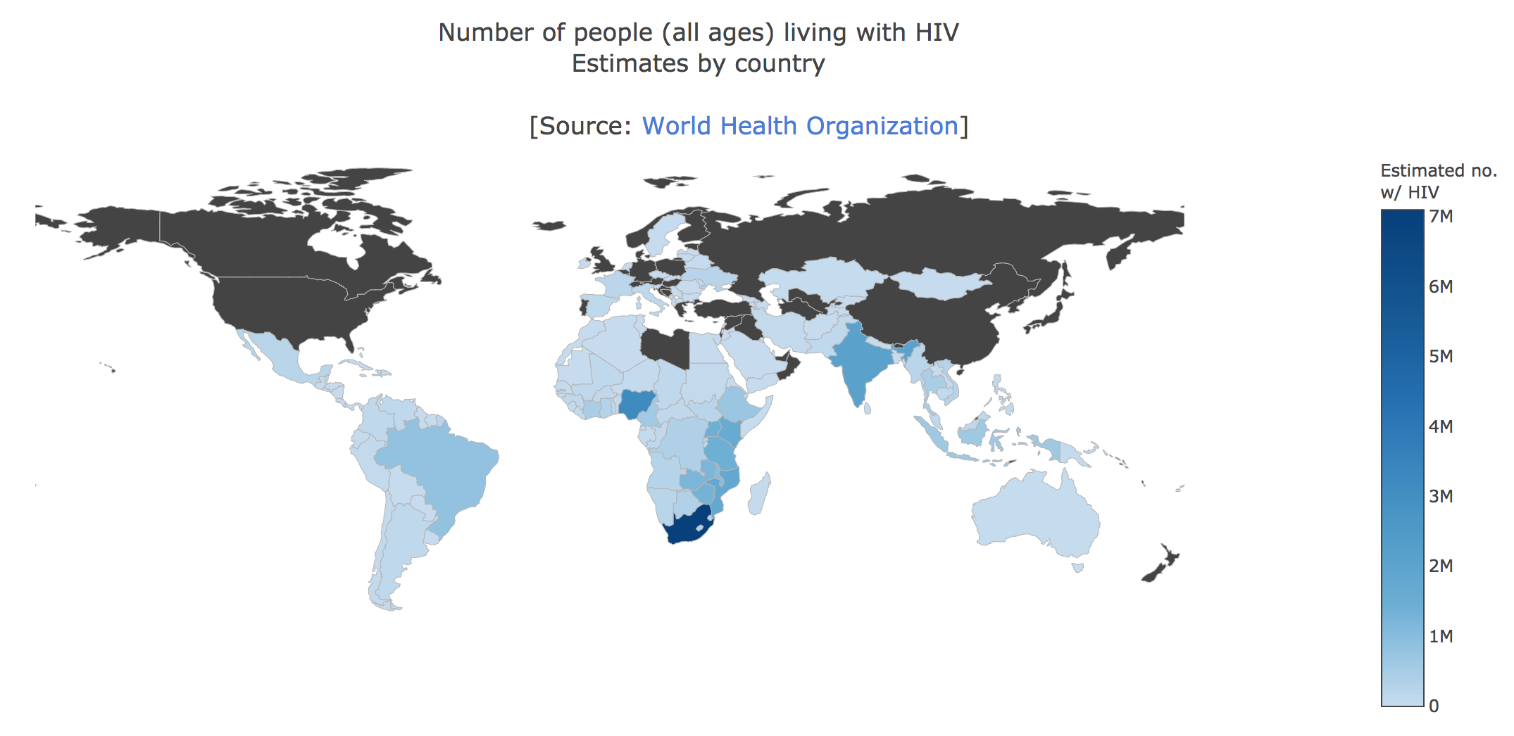 Choropleth map of no. of people living with HIV